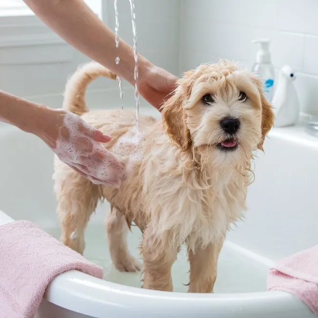 Entire Guide to Blonde Mini Goldendoodle with Rare Images & Facts 10 Blonde-mini-goldendoodle-bathing