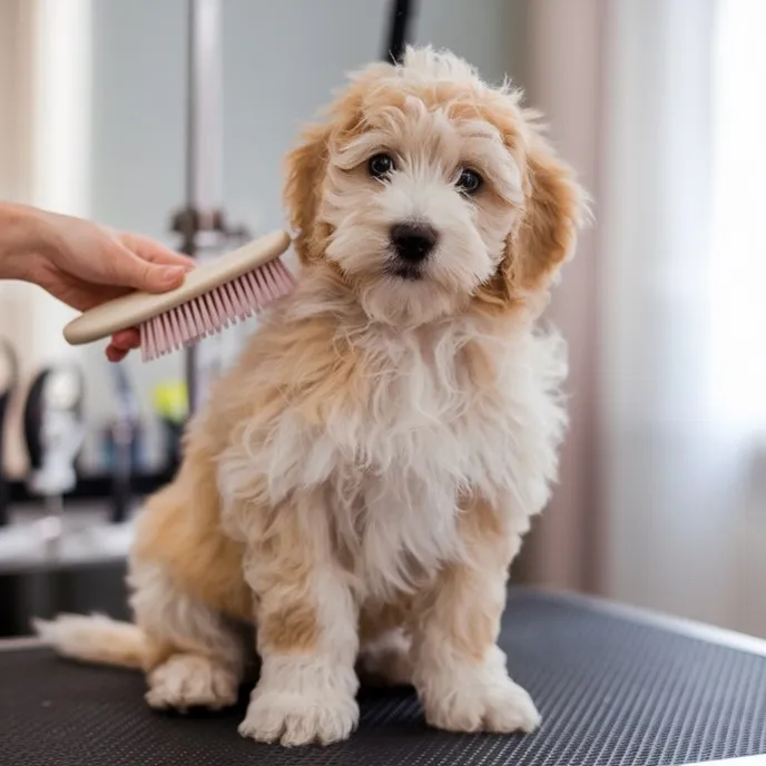 Entire Guide to Blonde Mini Goldendoodle with Rare Images & Facts 9 Blonde-mini-goldendoodle-brushing
