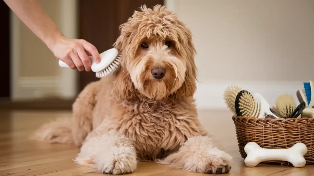 Premier Goldendoodle Face Features, Self Haircut Techniques & Styles 12 Goldendoodle-fur-brushing